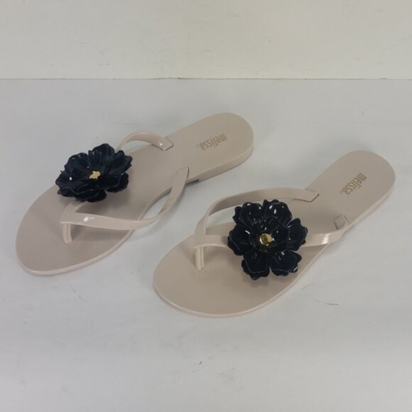 NEW MELISSA HARMONIC BLACK FLOWER BEIGE JELLY FLIP FLOP THONG SANDALS WOMEN'S 7 - Picture 1 of 15